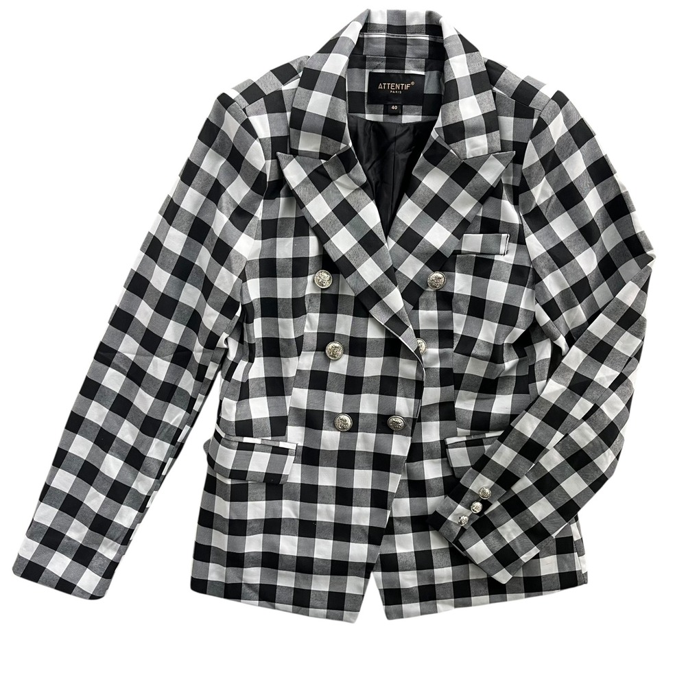 Attentif Paris Womens 40 Black White Gingham Check Double Breasted Blazer Preppy